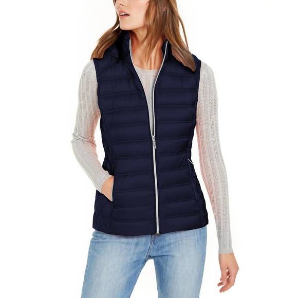 NEW MICHAEL KORS down fill full zip removable hood puffer vest in navy blue - Picture 2 of 3